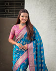 Rama Blue Soft Ikkat Patola Zari Woven Silk Saree