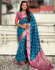 Rama Blue Soft Ikkat Patola Zari Woven Silk Saree