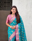 Aqua Blue Soft Ikkat Patola Zari Woven Silk Saree