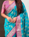 Aqua Blue Soft Ikkat Patola Zari Woven Silk Saree