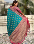 Aqua Blue Soft Ikkat Patola Zari Woven Silk Saree