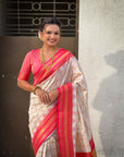 Cream Soft Checks Pattern and Contrast Zigzag Border Silk Saree