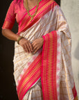 Cream Soft Checks Pattern and Contrast Zigzag Border Silk Saree