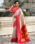 Cream Soft Checks Pattern and Contrast Zigzag Border Silk Saree