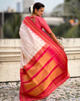 Cream Soft Checks Pattern and Contrast Zigzag Border Silk Saree