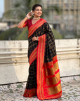 Black Soft Checks Pattern and Contrast Zigzag Border Silk Saree