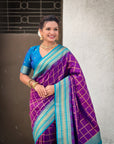 Purple Soft Checks Pattern and Contrast Zigzag Border Silk Saree