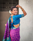 Purple Soft Checks Pattern and Contrast Zigzag Border Silk Saree