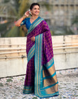Purple Soft Checks Pattern and Contrast Zigzag Border Silk Saree
