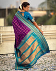 Purple Soft Checks Pattern and Contrast Zigzag Border Silk Saree