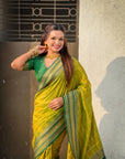 Mehendi Green Soft Checks Pattern and Contrast Zigzag Border Silk Saree