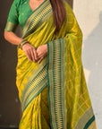 Mehendi Green Soft Checks Pattern and Contrast Zigzag Border Silk Saree