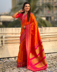 Orange Soft Checks Pattern and Contrast Zigzag Border Silk Saree