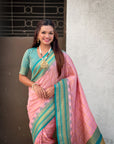 Light Pink Soft Checks Pattern and Contrast Zigzag Border Silk Saree