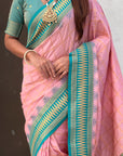 Light Pink Soft Checks Pattern and Contrast Zigzag Border Silk Saree