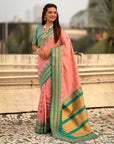 Light Pink Soft Checks Pattern and Contrast Zigzag Border Silk Saree