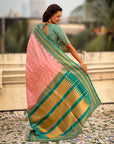 Light Pink Soft Checks Pattern and Contrast Zigzag Border Silk Saree