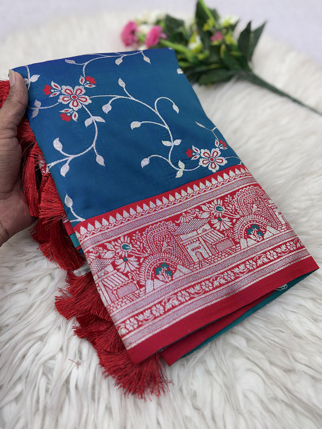 Rama Blue Premium Banarasi Silk Zari Woven Meenakari Floral Jaal Saree
