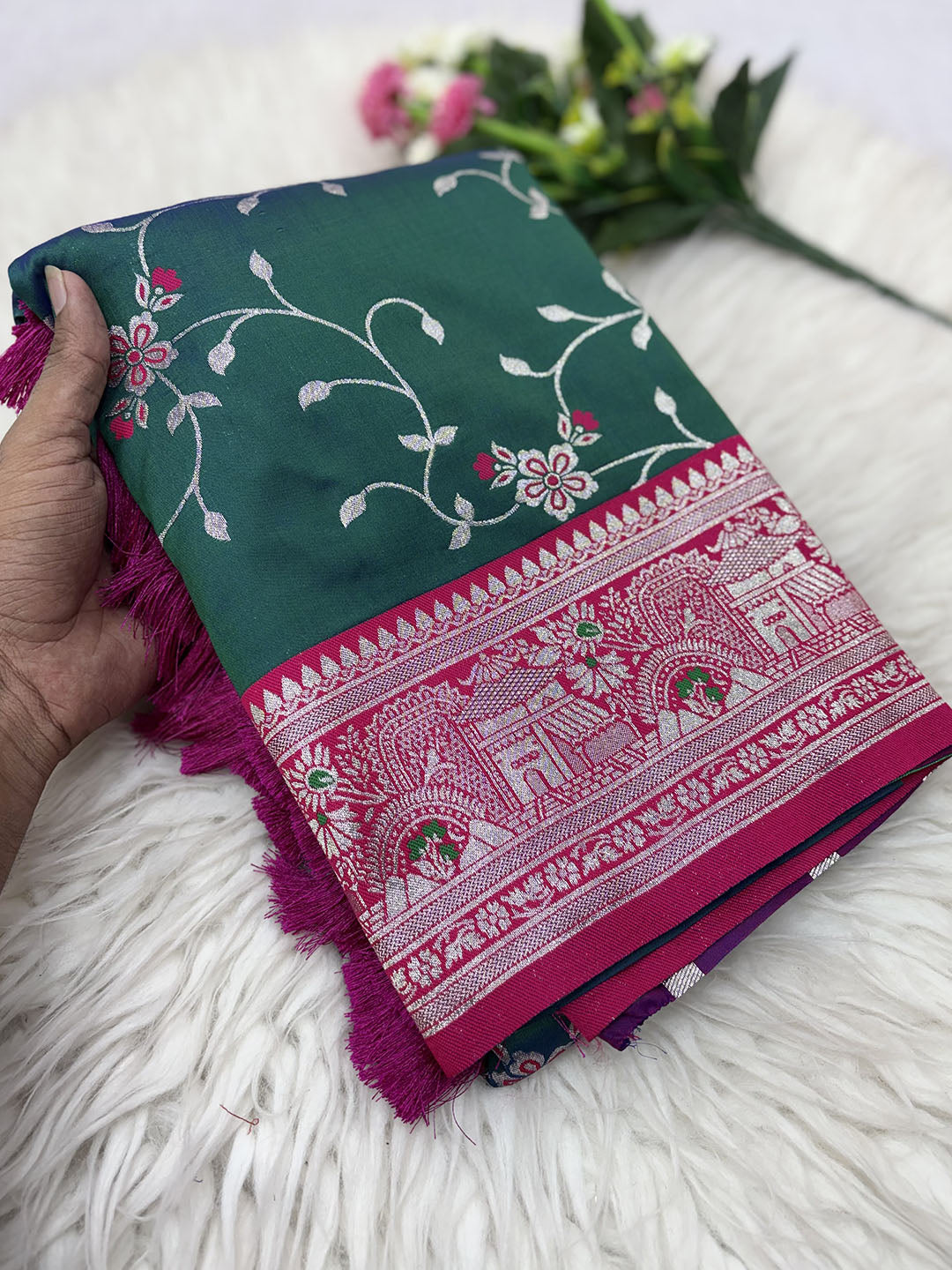 Peacock Blue Premium Banarasi Silk Zari Woven Meenakari Floral Jaal Saree