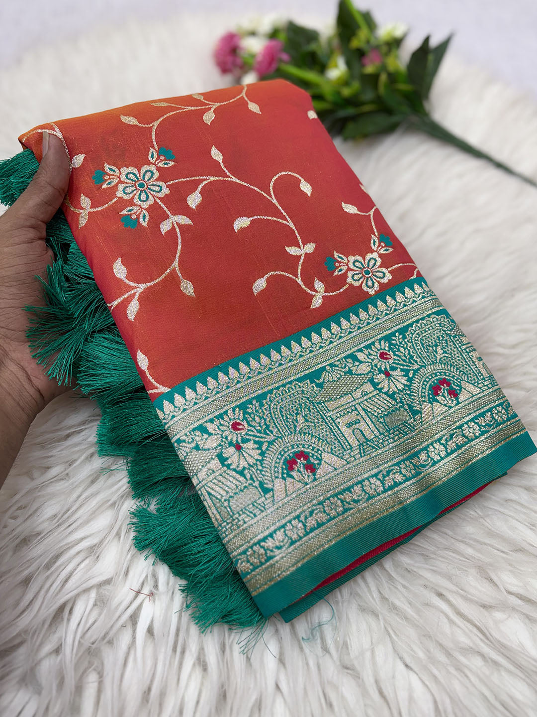 Peach Premium Banarasi Silk Zari Woven Meenakari Floral Jaal Saree