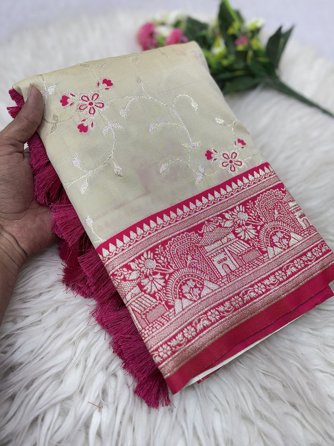 Cream Premium Banarasi Silk Zari Woven Meenakari Floral Jaal Saree