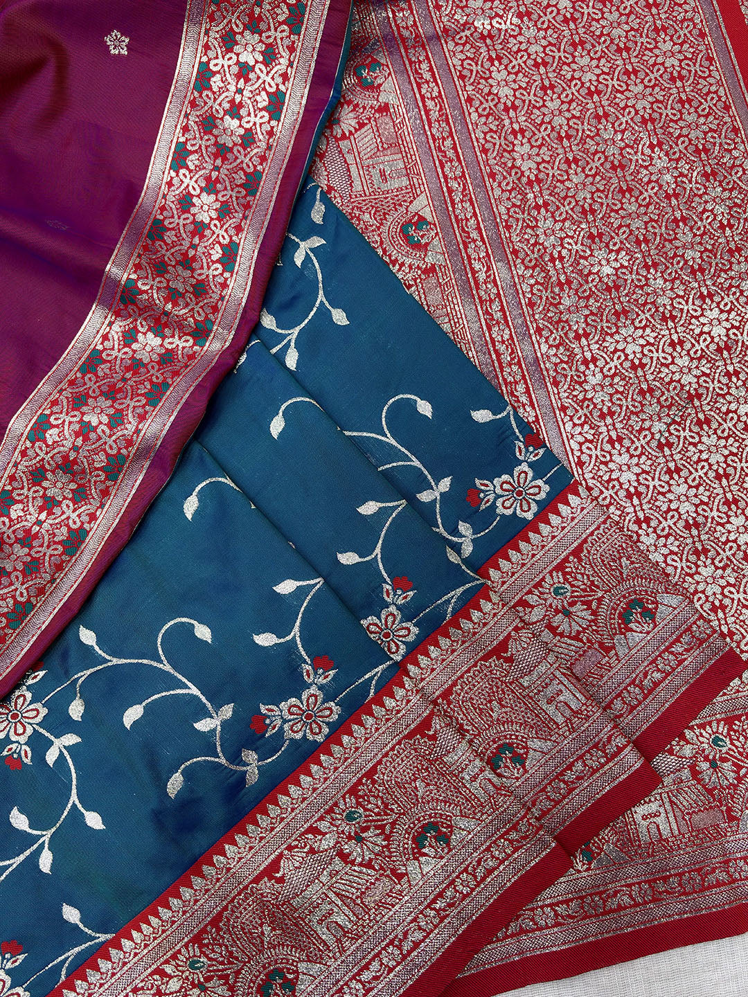 Rama Blue Premium Banarasi Silk Zari Woven Meenakari Floral Jaal Saree