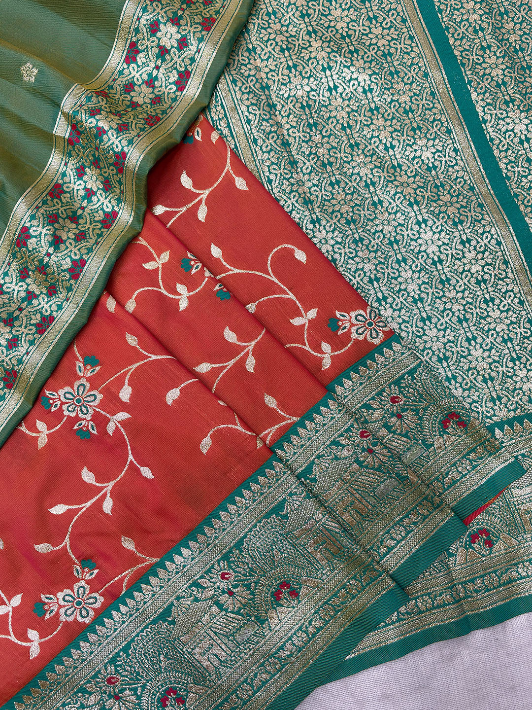 Peach Premium Banarasi Silk Zari Woven Meenakari Floral Jaal Saree