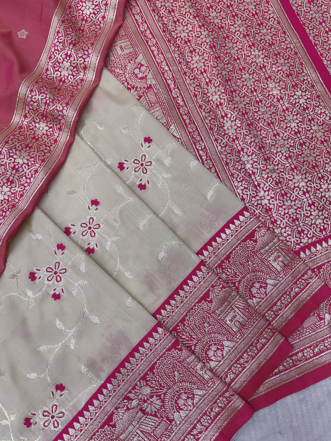 Cream Premium Banarasi Silk Zari Woven Meenakari Floral Jaal Saree