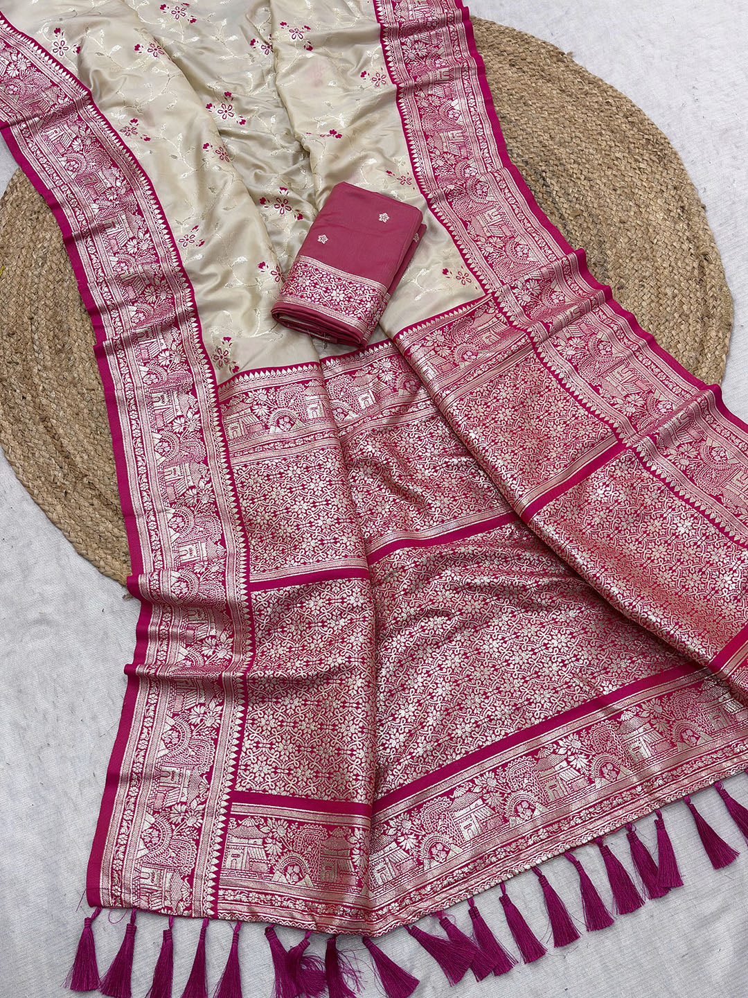 Cream Premium Banarasi Silk Zari Woven Meenakari Floral Jaal Saree