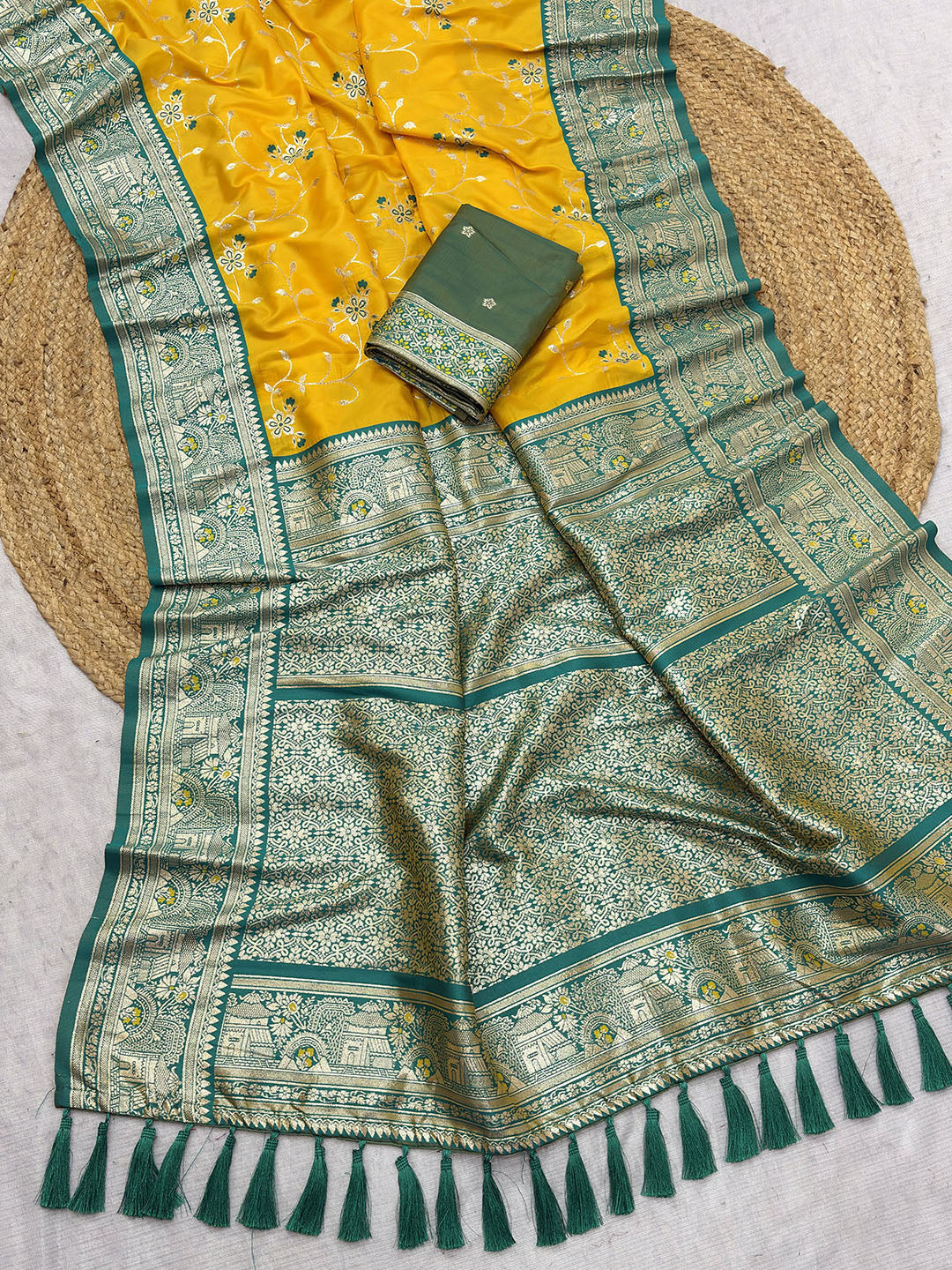 Yellow Premium Banarasi Silk Zari Woven Meenakari Floral Jaal Saree