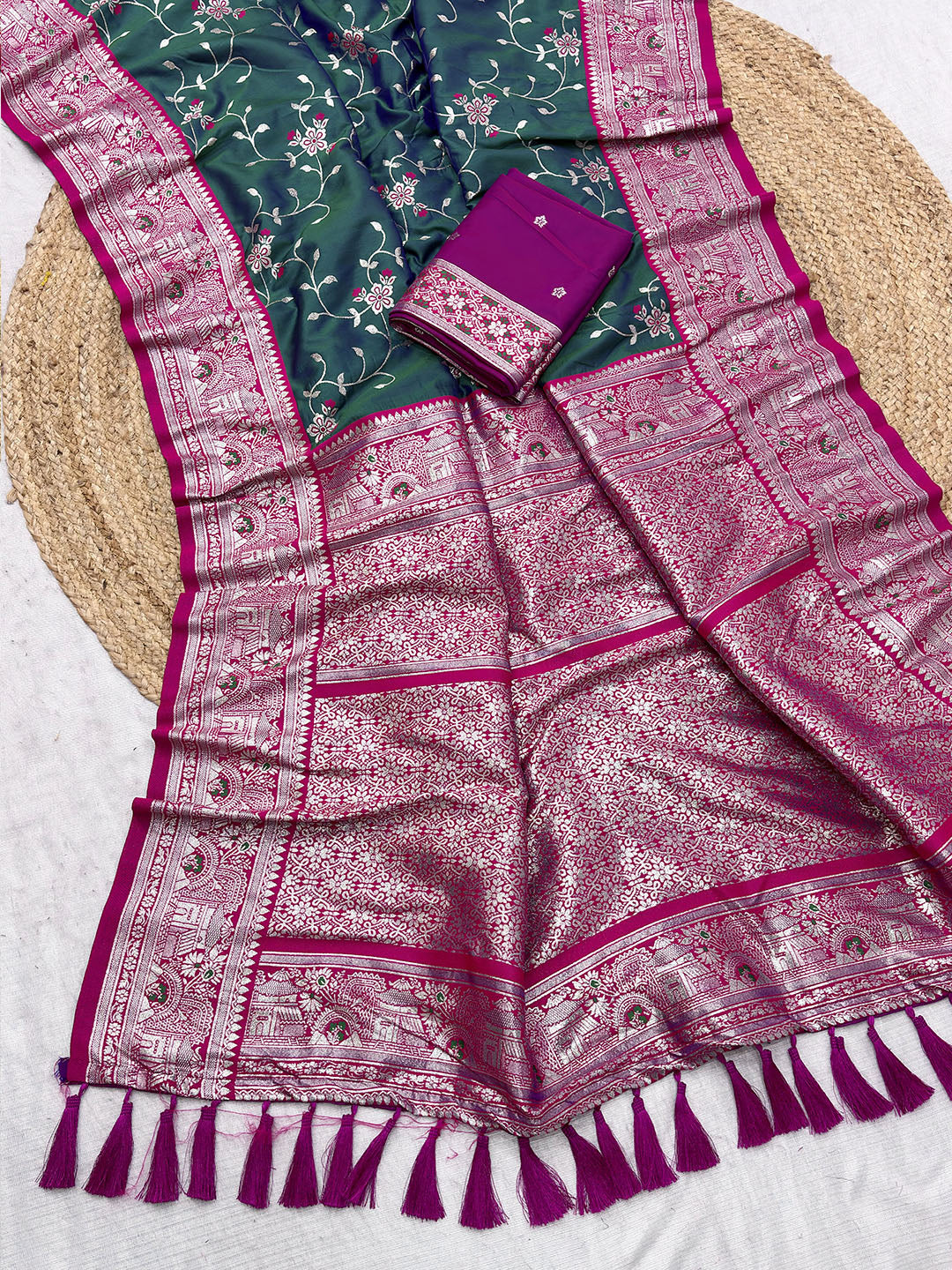 Peacock Blue Premium Banarasi Silk Zari Woven Meenakari Floral Jaal Saree