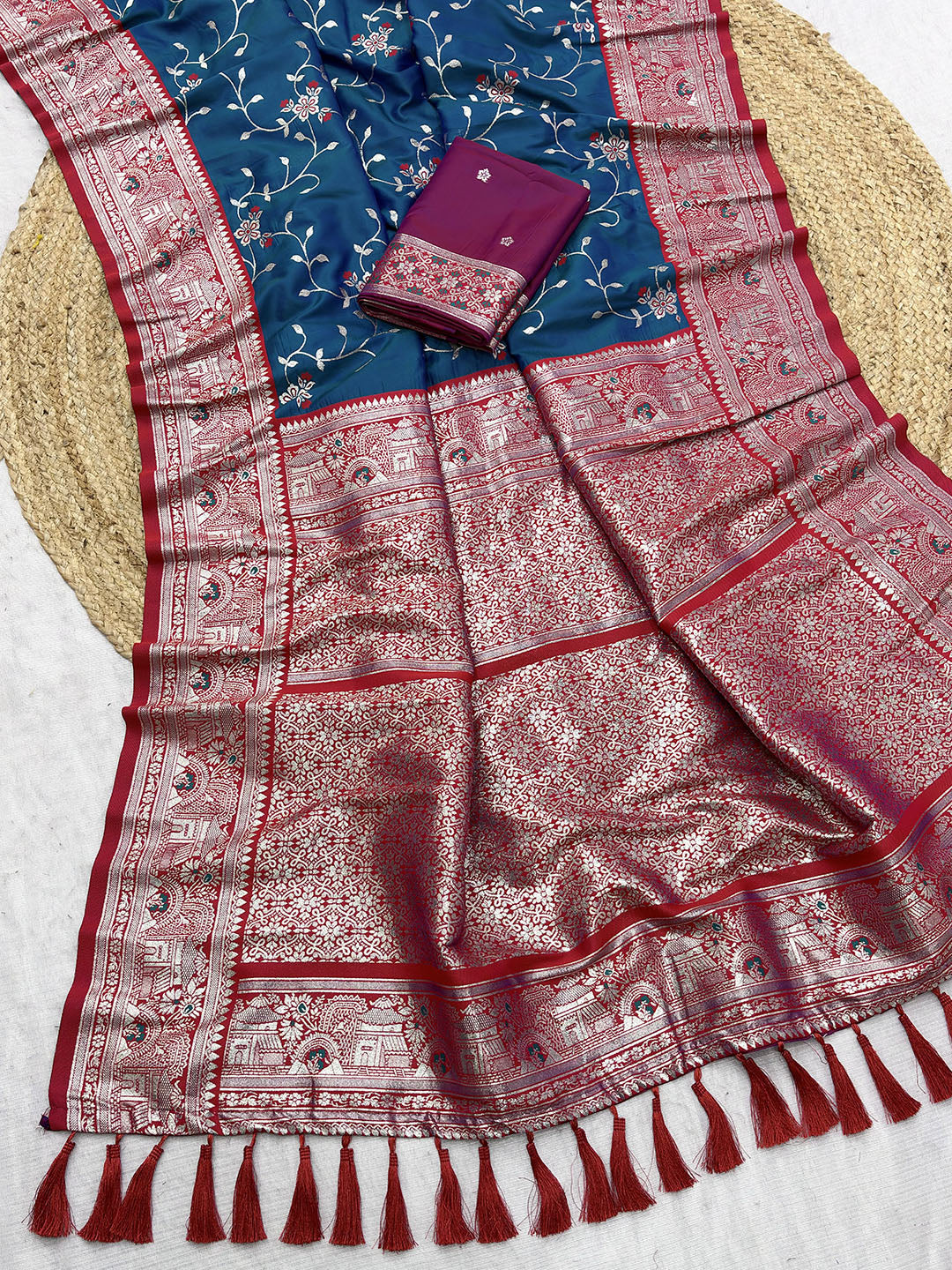 Rama Blue Premium Banarasi Silk Zari Woven Meenakari Floral Jaal Saree