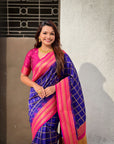 Violet Soft Checks Pattern and Contrast Zigzag Border Silk Saree