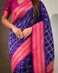 Violet Soft Checks Pattern and Contrast Zigzag Border Silk Saree