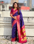 Violet Soft Checks Pattern and Contrast Zigzag Border Silk Saree