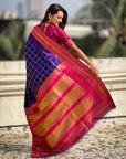 Violet Soft Checks Pattern and Contrast Zigzag Border Silk Saree