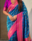 Rama Blue Soft Checks Pattern and Contrast Zigzag Border Silk Saree