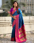 Rama Blue Soft Checks Pattern and Contrast Zigzag Border Silk Saree