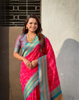 Rani PInk Soft Checks Pattern and Contrast Zigzag Border Silk Saree