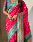 Rani PInk Soft Checks Pattern and Contrast Zigzag Border Silk Saree