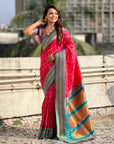 Rani PInk Soft Checks Pattern and Contrast Zigzag Border Silk Saree