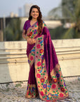 Wine Paithani Silk with Floral & Peacock Big Border Saree