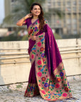 Wine Paithani Silk with Floral & Peacock Big Border Saree