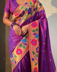 Purple(Red Tone) Paithani Silk with Floral & Peacock Big Border Saree