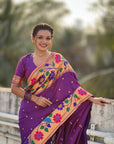 Purple(Red Tone) Paithani Silk with Floral & Peacock Big Border Saree