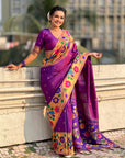 Purple(Red Tone) Paithani Silk with Floral & Peacock Big Border Saree