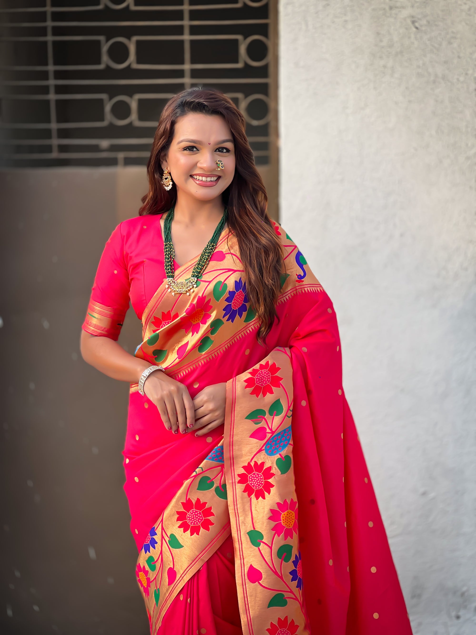 Red Paithani Silk with Floral &amp; Peacock Big Border Saree
