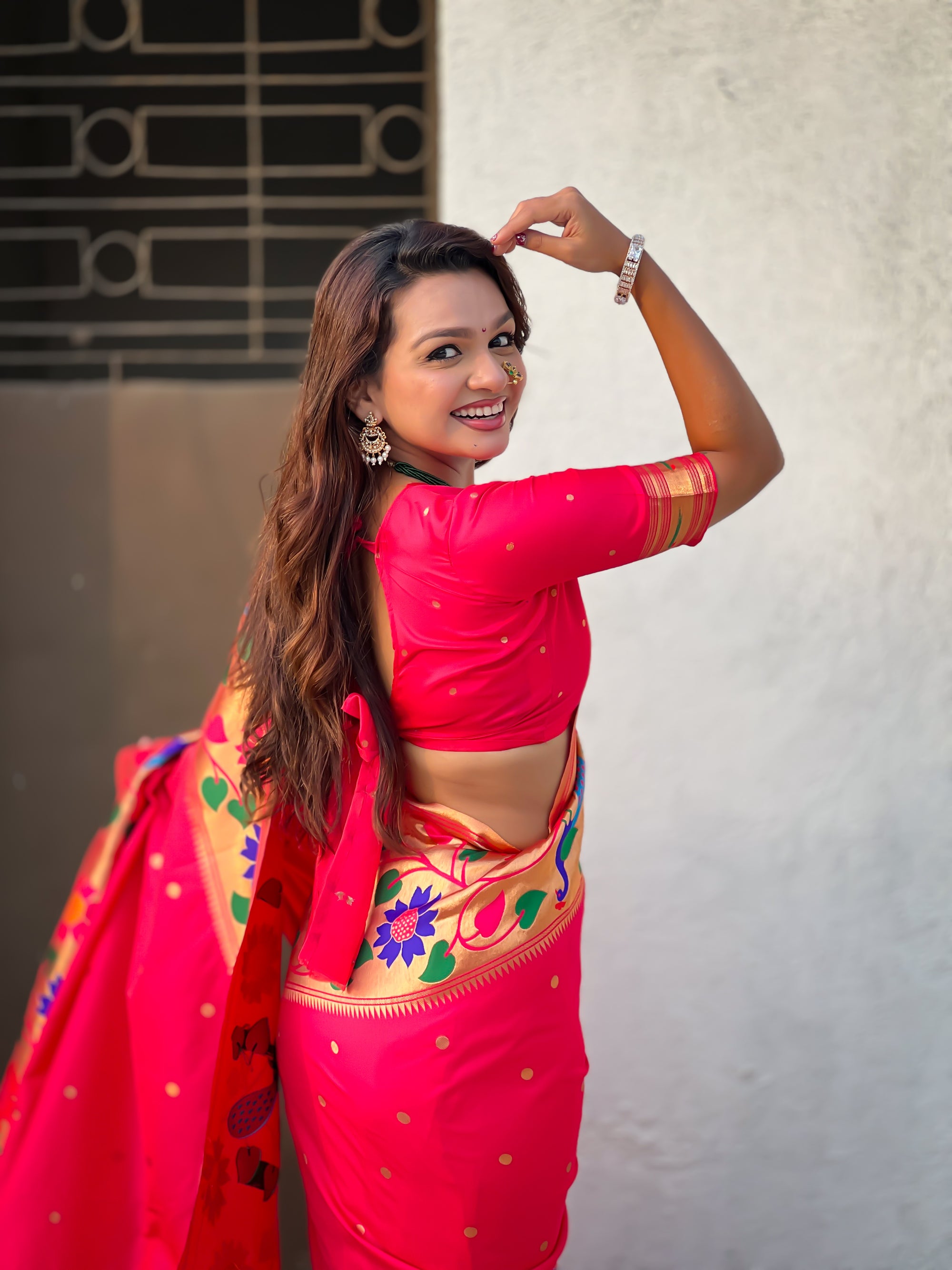 Red Paithani Silk with Floral &amp; Peacock Big Border Saree