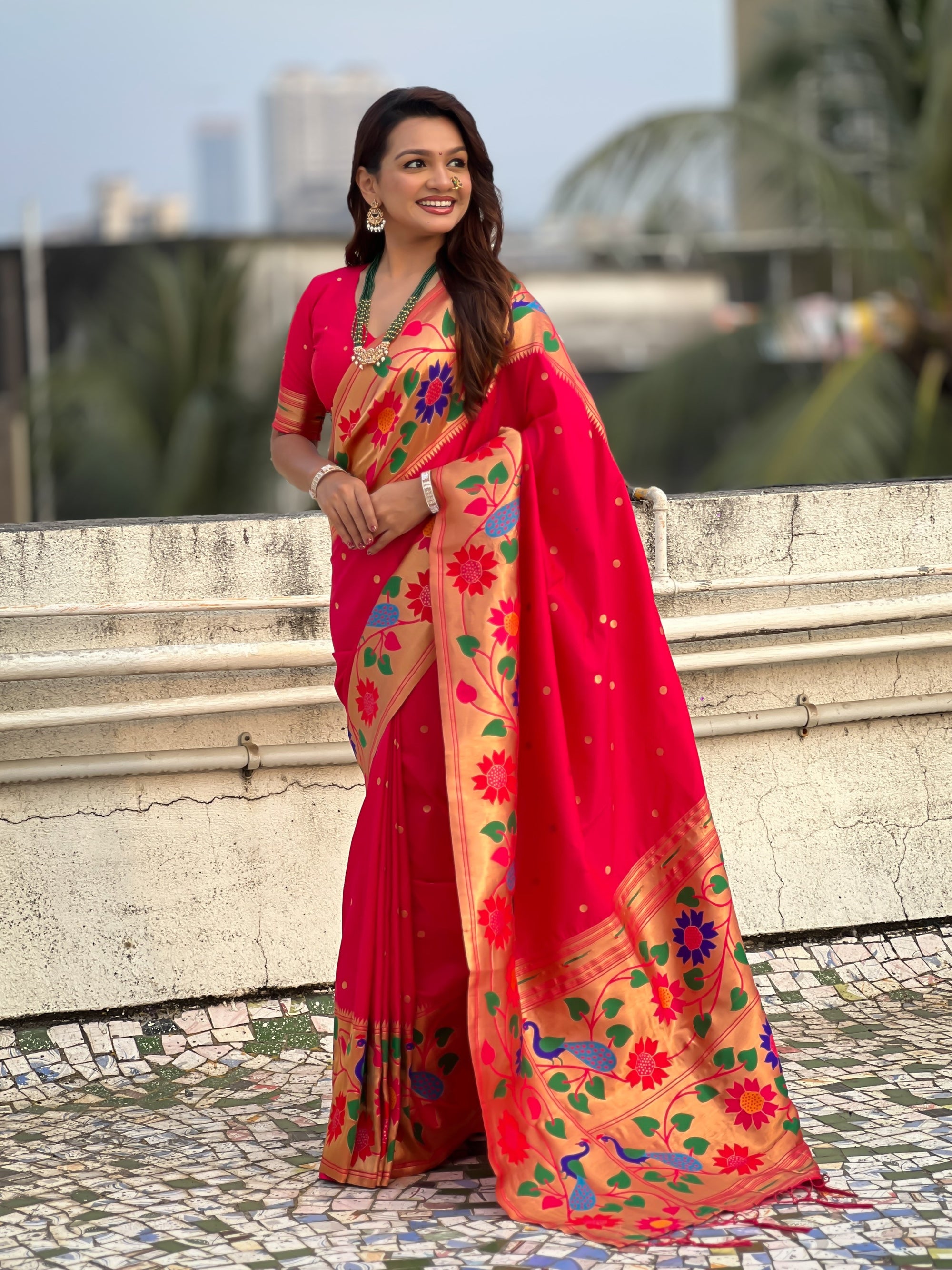 Red Paithani Silk with Floral &amp; Peacock Big Border Saree