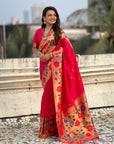 Red Paithani Silk with Floral & Peacock Big Border Saree